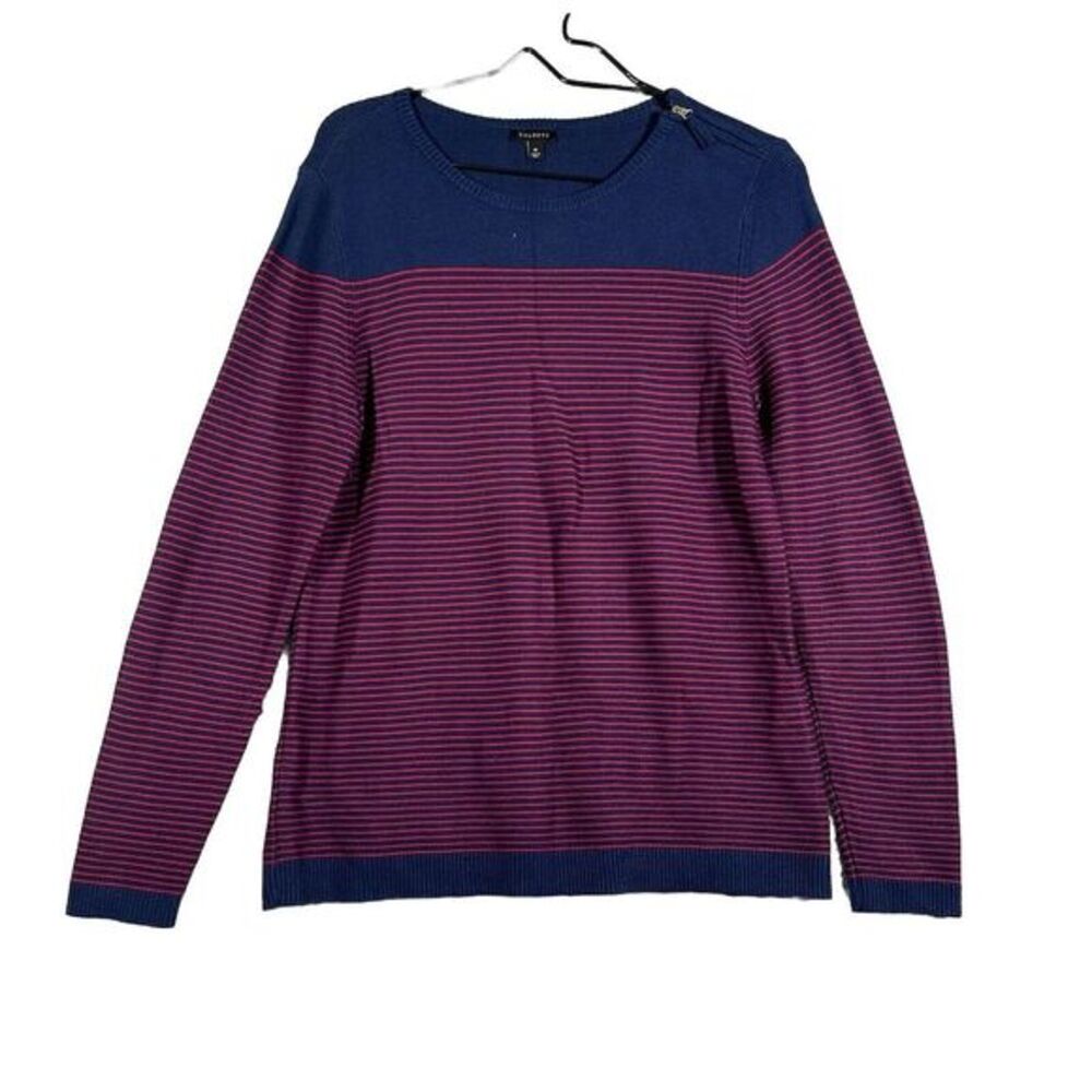 Talbots Women Cotton Cashmere Sweater Size M Blue Striped‎ Pullover Crew Neck